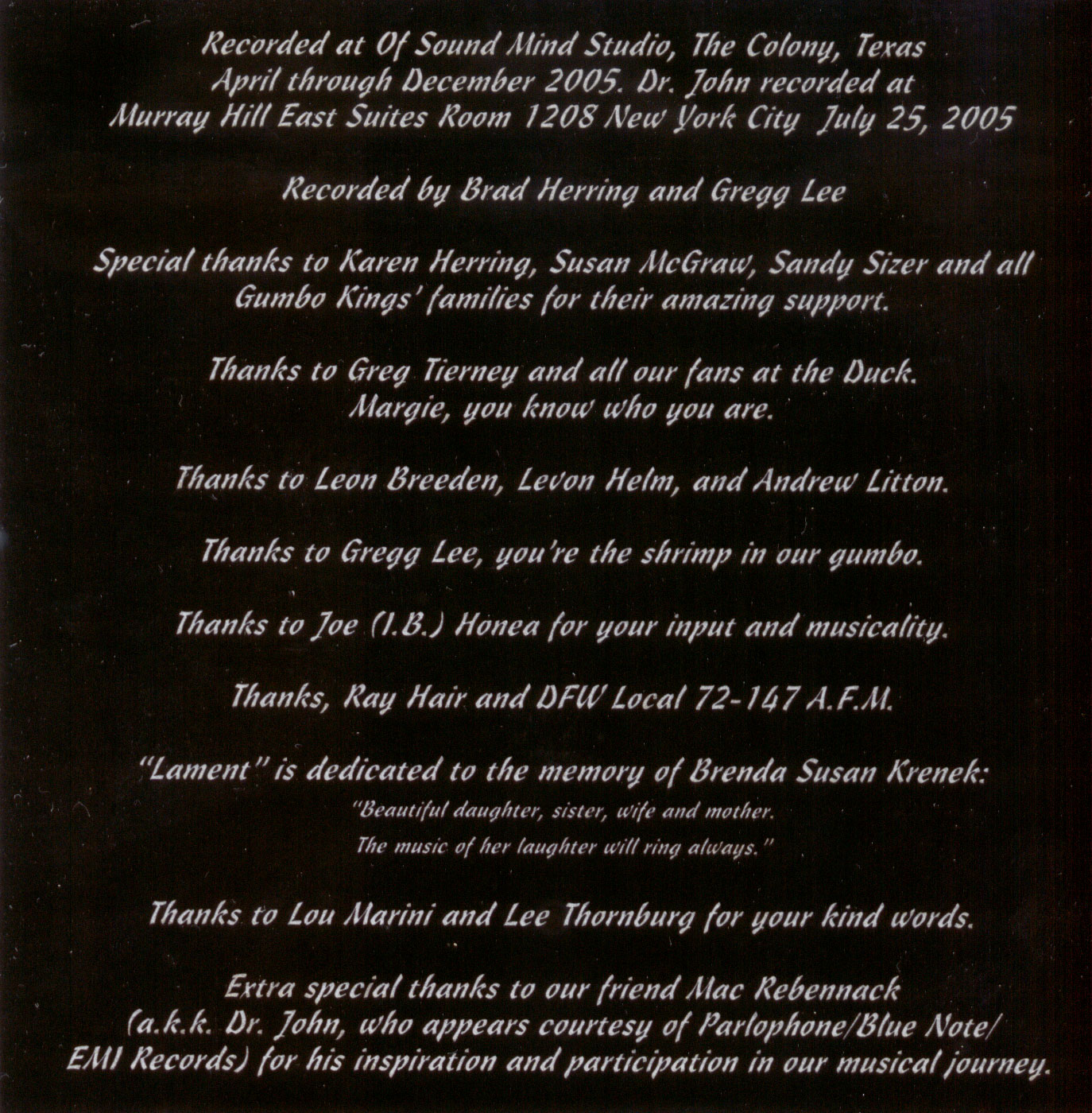 'UFO Saloon' - CD back cover